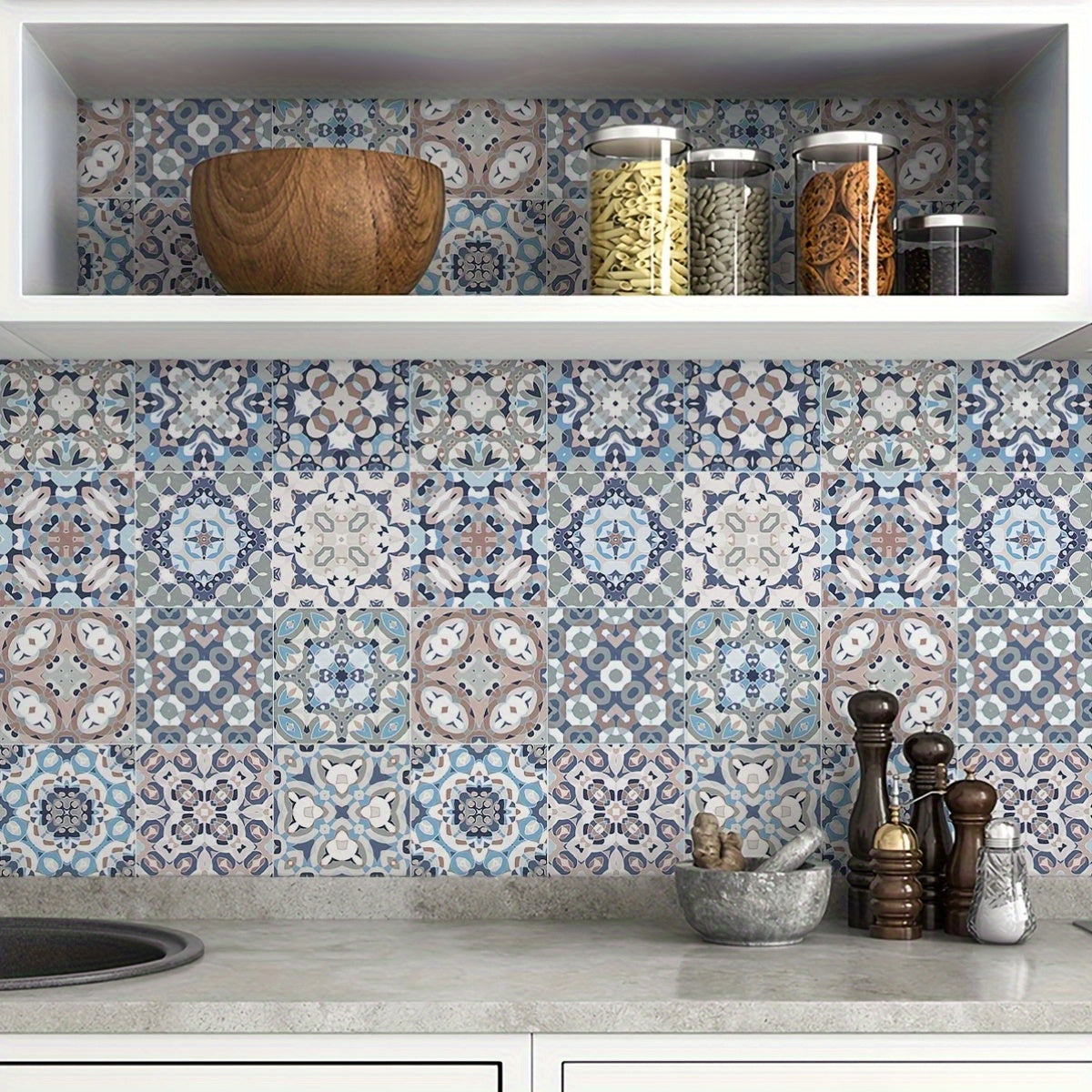 Stickers carrelage géométriques bleu & blanc